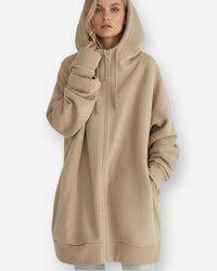 Kapuzenpullover für Damen mit Reißverschluss - Oversize und Lang – Beige