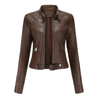Bikerjacke Damen | Kurz mit Reißverschluss und Seitentaschen – Dunkelbraun
