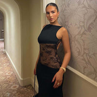 Nora | Lange Transparente Spitzenkleid – Schwarz