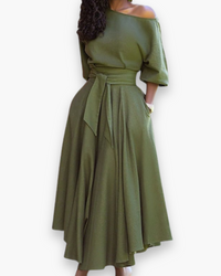 Damen Elegantes Kleid mit Gürtel | Midi – Grün