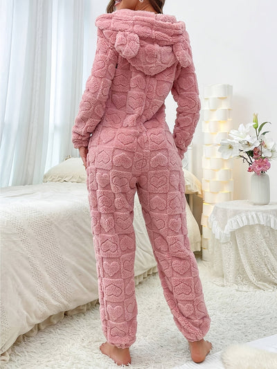 Leylina | Herz Jacquard Flauschiger Kapuzen-Nacht-Jumpsuit