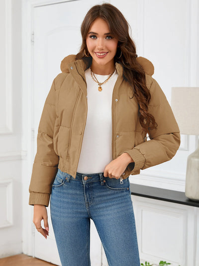 Zaviana | Damen wintermantel mit kapuze, taschen und langen ärmeln im cropped design