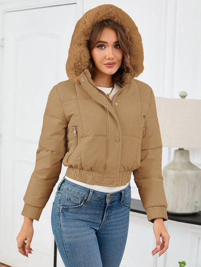 Zaviana | Damen wintermantel mit kapuze, taschen und langen ärmeln im cropped design