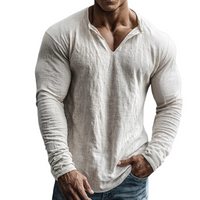 Men's Retro Casual Cotton Linen V-Neck Long-Sleeve Shirt – Weiß