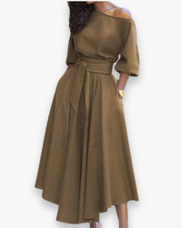 Damen Elegantes Kleid mit Gürtel | Midi – Khaki