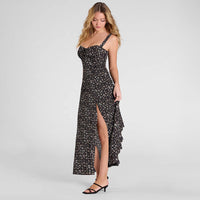 Freya | Langes Blumenkleid mit Trägern – Schwarz