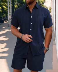 Herren Sommer Set mit Kurzarmhemd & Shorts | Leichter Zweiteiler für Alltag & Urlaub – Marine