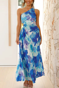 Deja -  Blumenmuster  Ein-Schulter Falten Maxi Kleid – BLAU