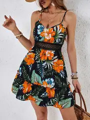 Avery -  Tropisches Kleid mit Blumenmuster und zarten Trägern für Frauen – Schwarz