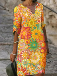 Leona - V-Ausschnitt Blumenkleid – Gelb