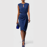 Karla | Damen Midikleid Ärmellos Gerafft Elegant Feminin Business – Marine
