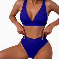 Geripptes Damen-Bikini-Set mit breiten Trägern für den Sommer – Blau