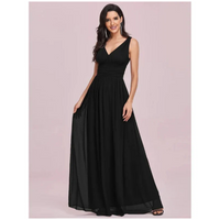Damen Plissee-Kleid mit V-Ausschnitt | Maxi – Schwarz
