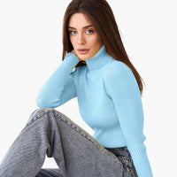 Damen Turtleneck Pullover mit gerippten Bündchen und Saum – Himmelblau