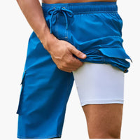 Herren Badeshorts mit Stretchstoff und Seitentasche – Pfauenblau