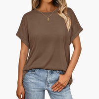 Damen Oversize T-Shirt mit Rundhals und Umschlagärmeln – Kaffee