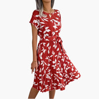Sommerkleid Damen - Blumenkleid mit Gürtel und Kurzarm – Korallenrot
