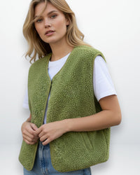 Weiche Teddyweste für Damen mit Druckknöpfen – Grün