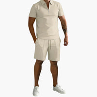Herren Sommer-Zweiteiler mit Half-Zip-Shirt und Shorts – Khaki