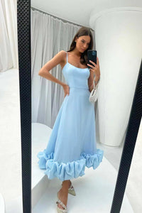 Damen Rüschen Spaghettiträger Hochzeitsgast Kleid | Maxi – Blau