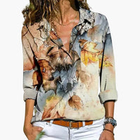 Bluse mit Blumenmuster - Damen Freizeitlook mit Kontrast – Weiß mit orange-blauem Blumenmuster