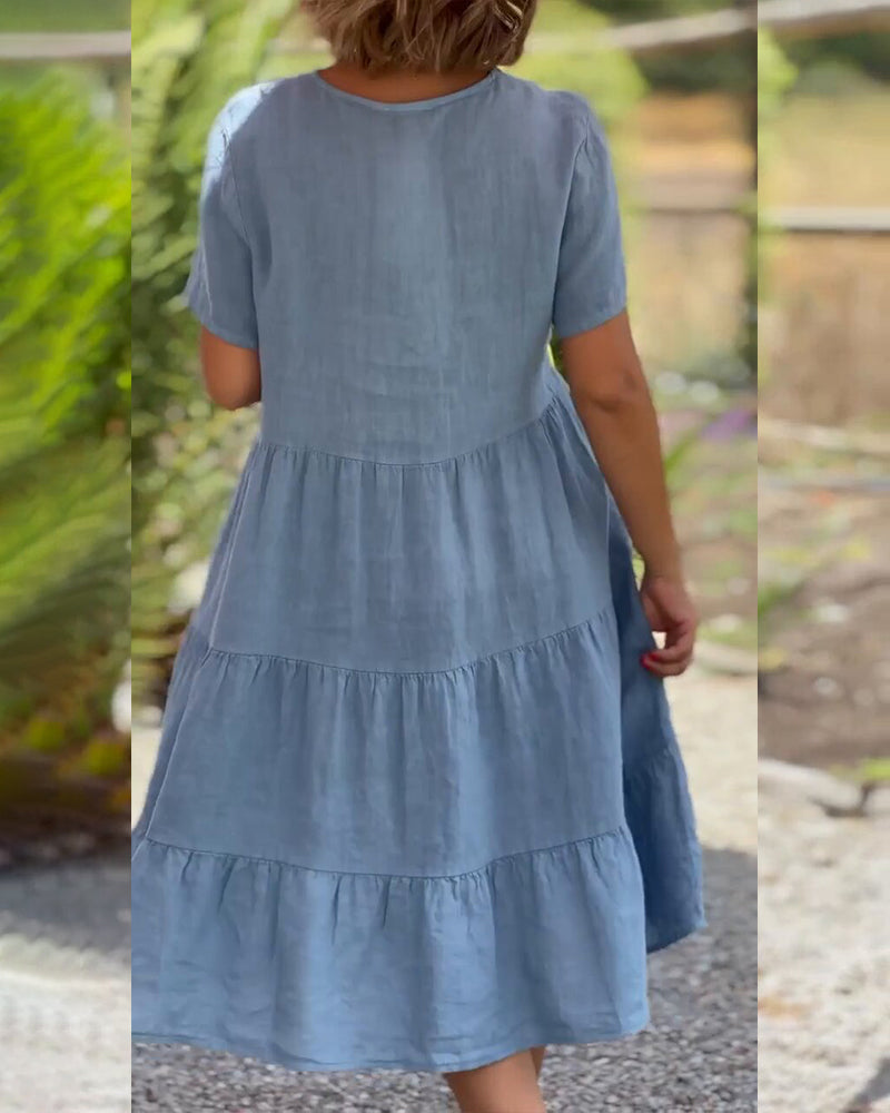 Louhi | Baumwoll-Leinen-Kleid mit V-Kragen