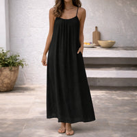 Tamara | Spaghettiträger Maxi Sommerkleid – Schwarz