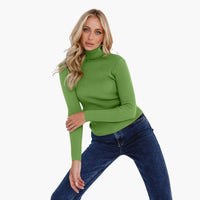 Damen Turtleneck Pullover mit gerippten Bündchen und Saum – Grün