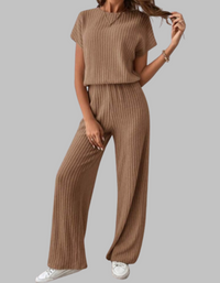 Paula | Damen Rippstrick-Set Kurzarm Top Weite Hose Casual – Braun