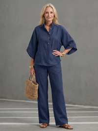 Amity | Knopf-Front Relaxed Tunika-Hosen-Set – Marine