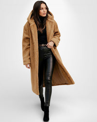 Langer Teddy-Fleece Mantel für Damen mit Kapuze – Taupe