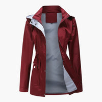 Langer Trenchcoat mit Kapuze für Damen – Weinrot