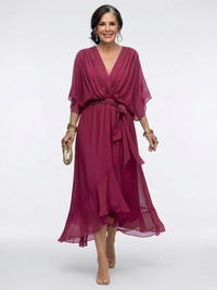 Elysia | V-Ausschnitt Drapiertes Taillenband Midi-Kleid – Rot