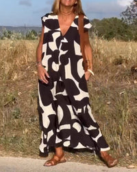 Miriam | Bedrucktes Maxikleid mit V-Ausschnitt – Schwarz