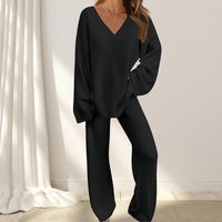 Roselane™ - Damen-Set mit Pullover mit V-Ausschnitt und Langer Hose – Schwarz