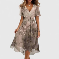 Helga | Damen Blumen Midikleid V-Ausschnitt Romantic Feminin Sommer – Hellbraun