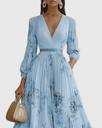 Isabella | Damen Midikleid Ärmellos Plissiert Blumen Elegant Sommer – Blau