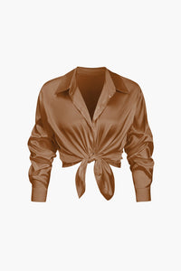 Damen Geknöpft Lang Bluse – Braun