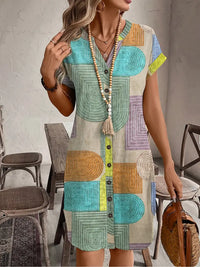 Evelyn | Women's Summer Geometric Print V-Neck Kleid mit Knöpfen – Gemischte Farbe