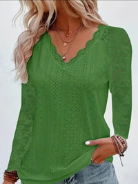 Shaleva - Stylisches Langarm Shirt Mit Spitzen V-Ausschnitt – Grün