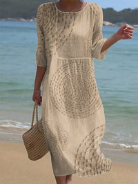 Mira | Luftiges Leinenkleid mit Stickdetails & 3/4-Ärmeln – Khaki