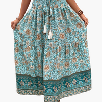 Damen Boho Lange Blumige Elegante Sommermode Rock mit Taschen – Türkis