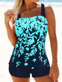 Heidi-Mode | Hochtaillierter Tankini mit Blattdruck – Schwarz Hellblau