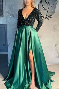 Heidi-Mode | Schöne Langarm V-Ausschnitt Pailletten Satin Festkleid – Grün