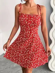 Imogen -  Elegantes Stretch-Cami-Kleid mit Blumenmuster und Taille – Rot