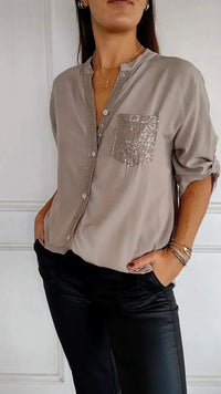 Jasmine | Elegantes V-Ausschnitt-Shirt mit funkelnden Pailletten für Damen – Khaki