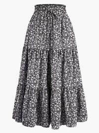 Damenrock mit Smockbund Eleganter Alltagsstil Midi Volantrock – Schwarz (blumig)
