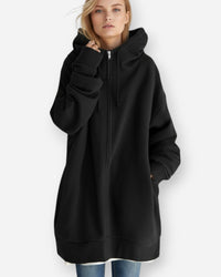 Kapuzenpullover für Damen mit Reißverschluss - Oversize und Lang – Schwarz