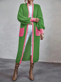 Lismonie | Strickjacke mit lebendigem Rand und offener Vorderseite mit trendigen Laternenärmeln – Grün