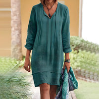 Barbe - Elegantes Kleid mit V-Ausschnitt und langen Ärmeln – Blau